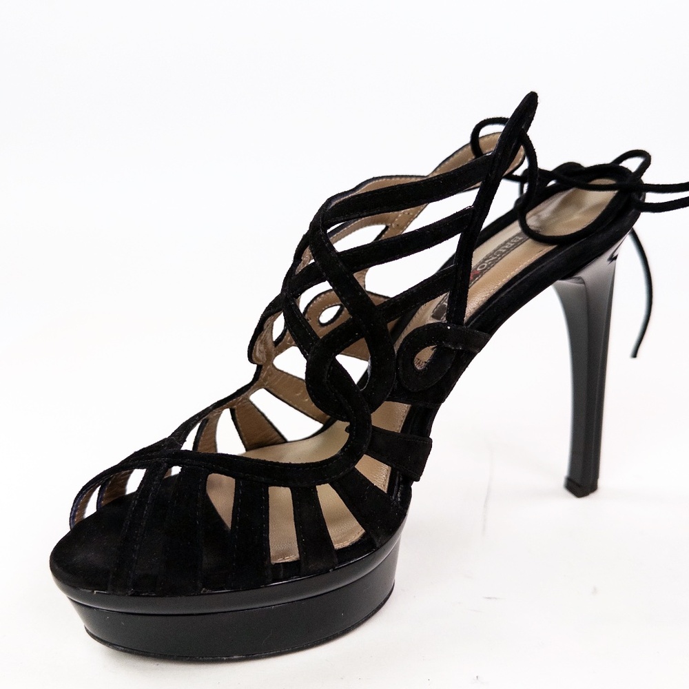 Bruno Magli Empress Black Suede Lace-Up Platform Heels Sandals Sz 38 w/ Box - Picture 4 of 11